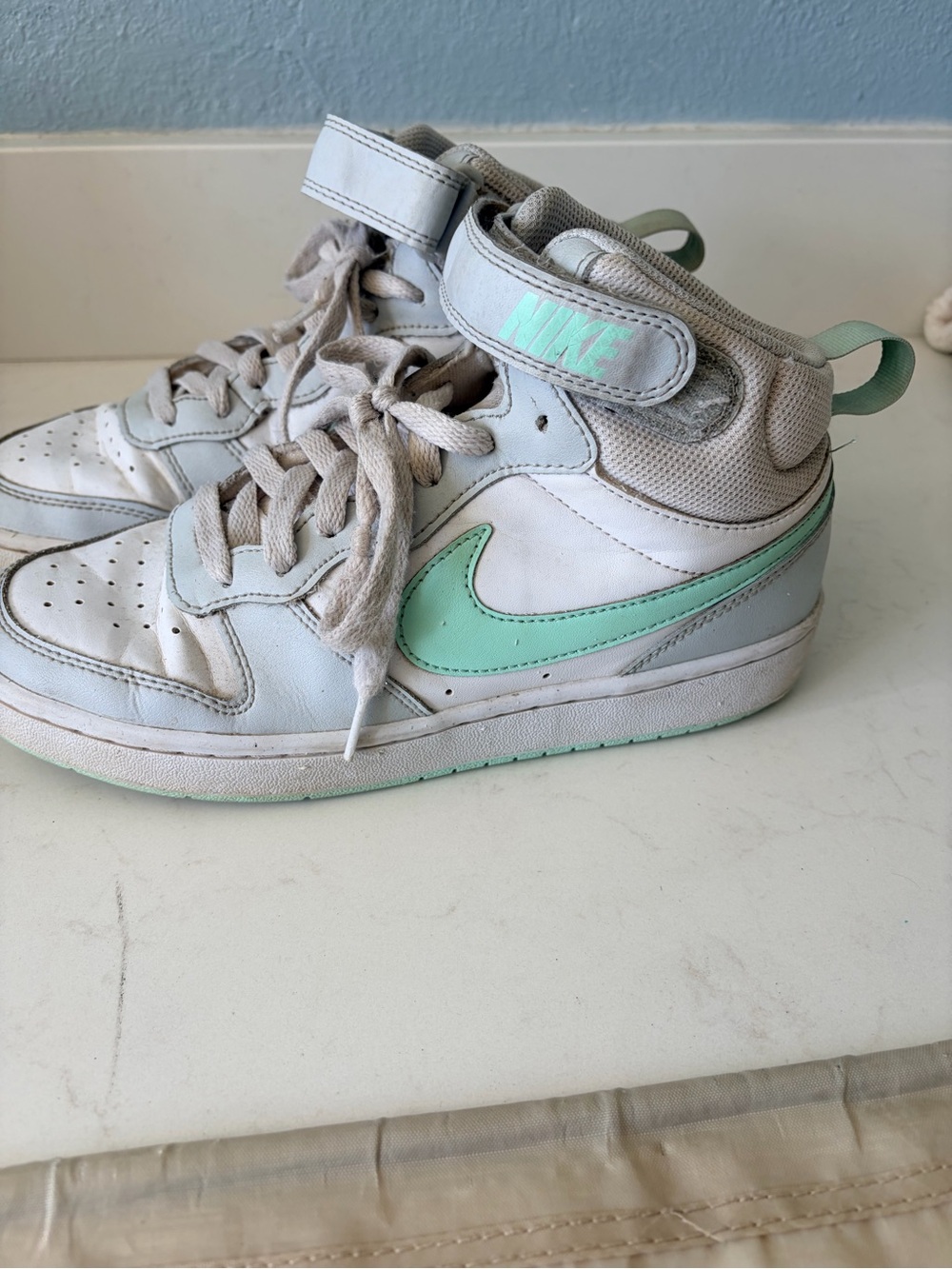 Nike Kids High-Top Sneakers in White and Mint Green